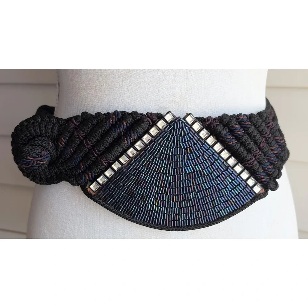 Vtg 70s 80s Signed Manett Macrame Beaded Boho Hippie Belt Couture Sz 34-36